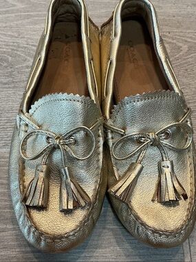 Coach Metallic Gold Leather Tassel Moccasins